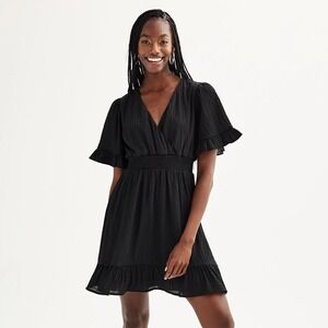 Rewind‎ Black Textured V Neck Smocked Waist Flutter Sleeve Mini Dress Plus XXL